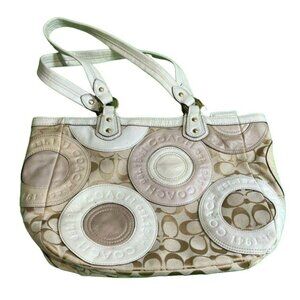 Coach Signature Beige & White Canvas Leather Tote Bag